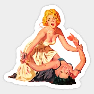 Blonde and Brunette Fight Pulp Fiction Sexy Pin Up Girls Real Men Love Lies Bleeding Retro Comics Vintage Old Sticker